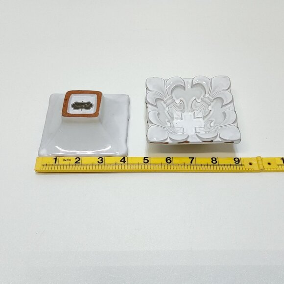 Mud Pie Ceramic Dessert Fleur de Lis Dishes Set Of 2 Square Decorative Bowls - Picture 6 of 6